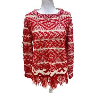 Code secret Red & cream Fringe hem pre distressed Sweater size medium